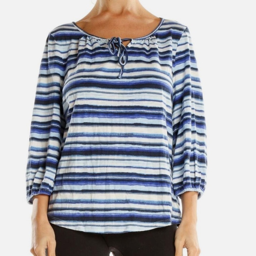 NEW Talbots Blue White Stripes Long Sleeve Blouse Top Cotton Modal Size XS